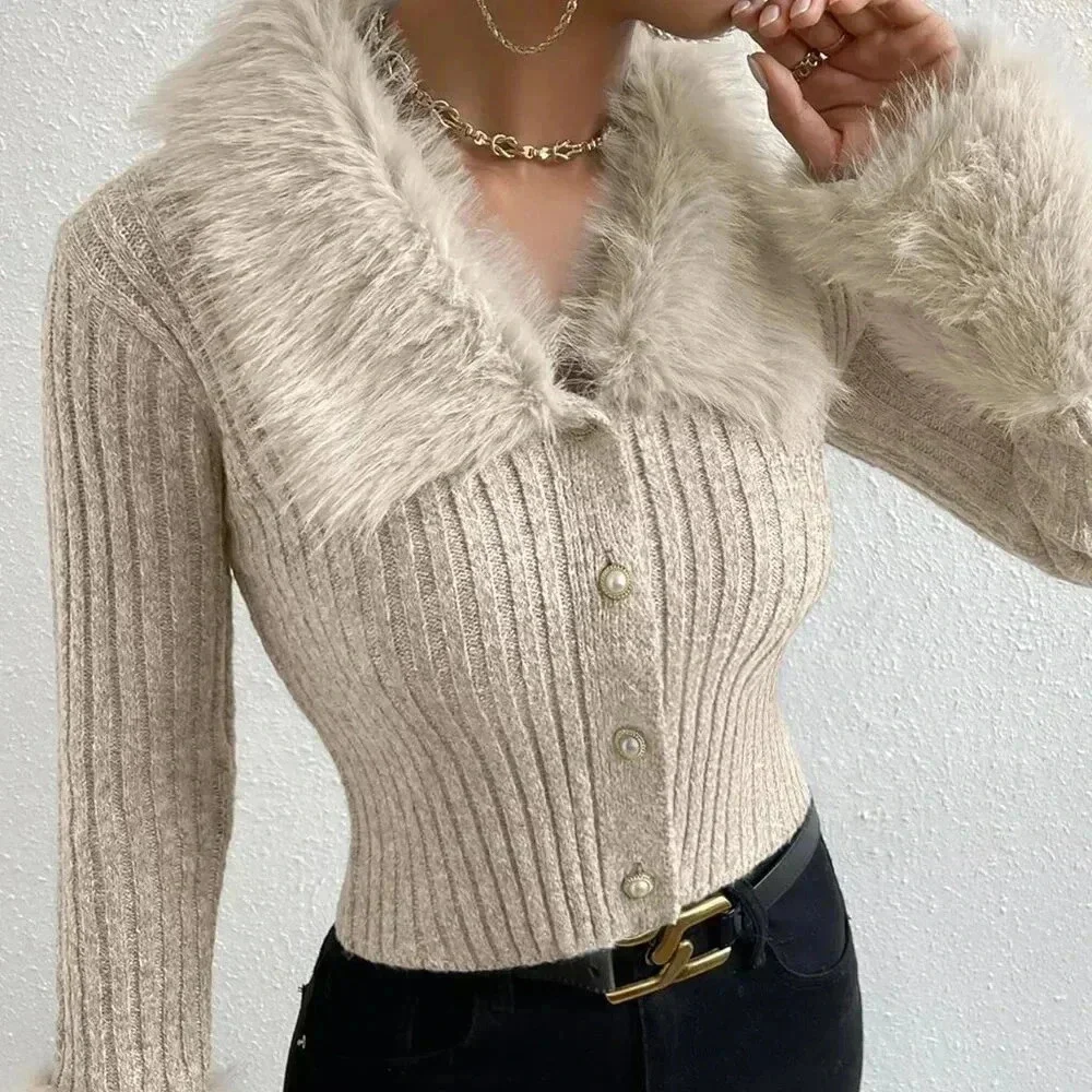 Apricot Elegant Women's Fuzzy Collar Ribbed Knit Cardigan - Picture 3 of 8